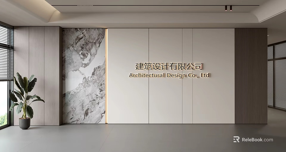 Modern Corporate Background Wall With Marble Texture White Panels And Wooden Accents 3d model 