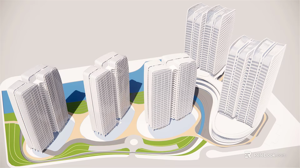 Modern High Rise Office Buildings With Green Spaces And Water Features In Urban Layout 3d model 