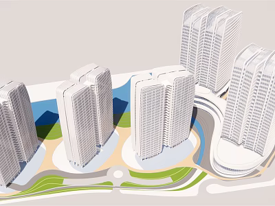 Modern High Rise Office Buildings With Green Spaces And Water Features In Urban Layout 3d model