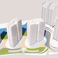 Modern High Rise Office Buildings With Green Spaces And Water Features In Urban Layout