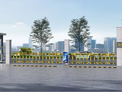 Industrial Factory Building Entrance Area With Yellow Barriers Trees City Skyline And Billboard 3d model