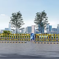 Industrial Factory Building Entrance Area With Yellow Barriers Trees City Skyline And Billboard