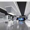 Modern Tech Exhibition Hall Interior With Linear Lighting White Display Stands And Blue Screens