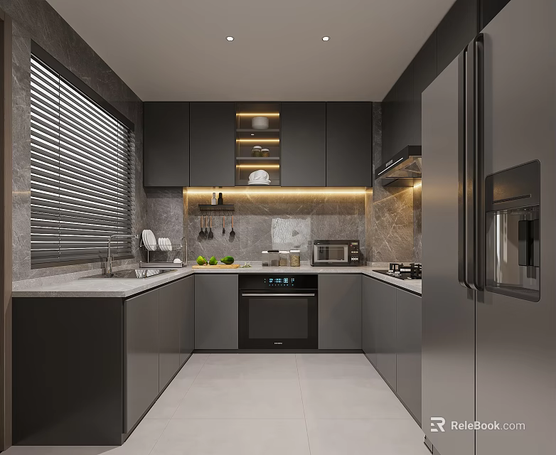 Modern Kitchen Interior With Dark Cabinets Marble Countertops And Stainless Steel Appliances 3d model 