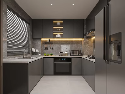 Modern Kitchen Interior With Dark Cabinets Marble Countertops And Stainless Steel Appliances 3d model