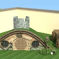 Grass Covered Roof Wooden House With Wooden Doors Windows And Brick Chimney On Green Lawn