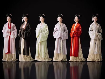 Women in Traditional Attire Standing in Line on Reflective Floor with Black Background 3d model