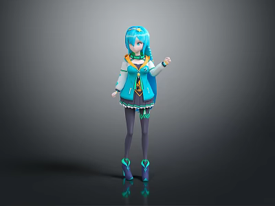 Anime Virtual Character With Blue Hair Twin Tails Blue White Outfit Black Stockings And Blue Heels 3d model