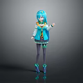 Anime Virtual Character With Blue Hair Twin Tails Blue White Outfit Black Stockings And Blue Heels