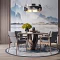 Elegant Round Dining Table Set With Four Gray Chairs Yellow Flowers And Landscape Backdrop Wall 3d model