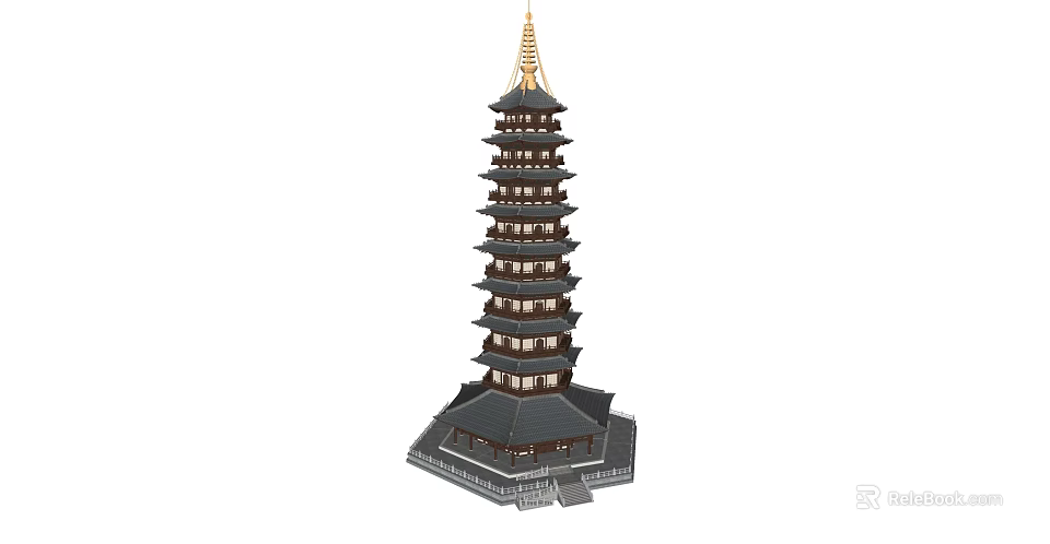 Traditional Chinese Pagoda With Multiple Floors Golden Spire Black Roof And Wooden Structure 3d model 