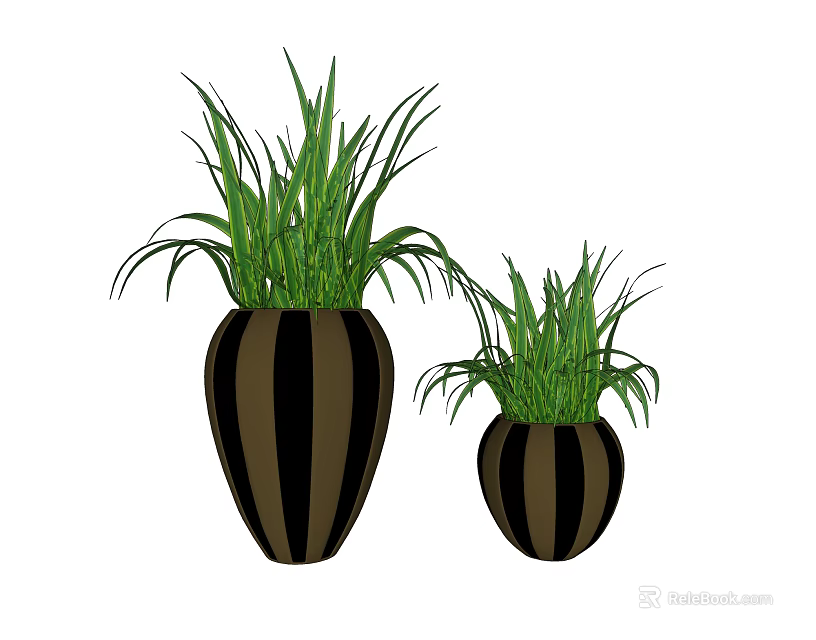 Bonsai Potted Plants With Two Sizes Striped Brown Black Pots And Green Grass Like Leaves 3d model 