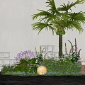 Courtyard Garden Design With Palm Tree Purple Flowers Gray Block Structures And Round Light