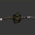 Child Character with Green Bun Hairstyle White Face Brown Coat Red Belt and Mechanical Arm