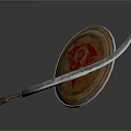 Ancient Weapon Shield and Curved Sword With Red Decorative Pattern