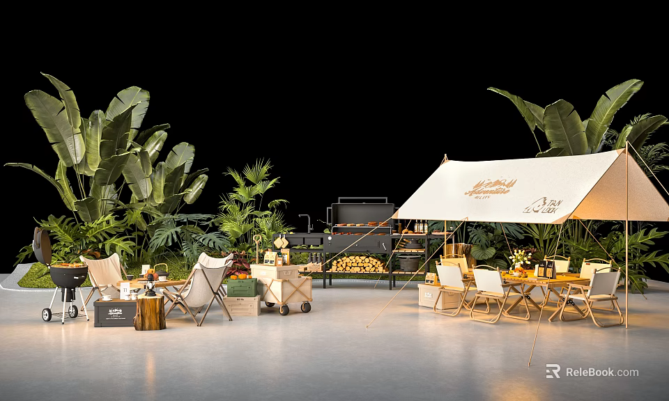 Tropical Garden Landscape With Camping Tent Outdoor Seating BBQ Grill And Lush Plants 3d model 
