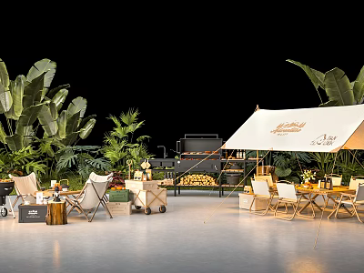 Tropical Garden Landscape With Camping Tent Outdoor Seating BBQ Grill And Lush Plants 3d model