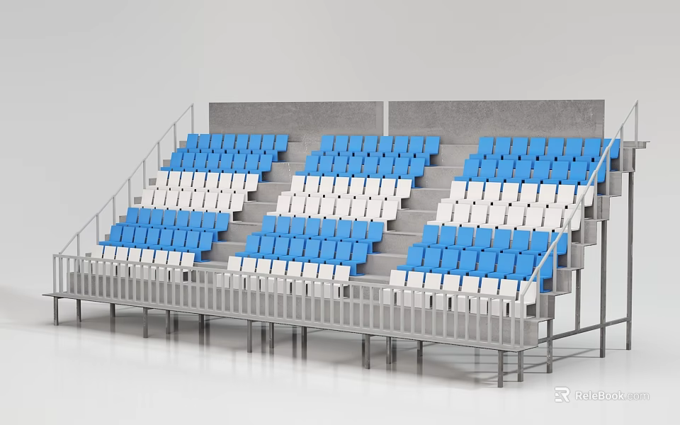Stadium Stands With Blue And White Seats And Gray Concrete Structure 3d model 