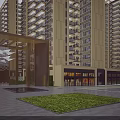Modern Residential Building with Glass Curtain Wall Front Garden Lawn Sculptures and Pathway