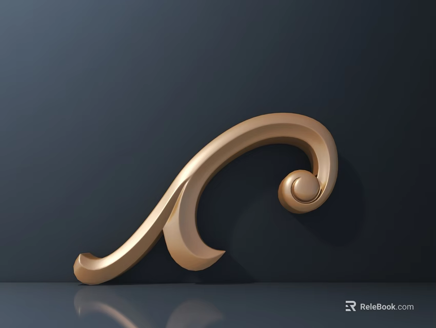 Golden Carved Decorative Element With Curved Scroll Design And Shiny Surface On Dark Background 3d model 