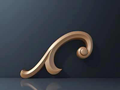 Golden Carved Decorative Element With Curved Scroll Design And Shiny Surface On Dark Background 3d model