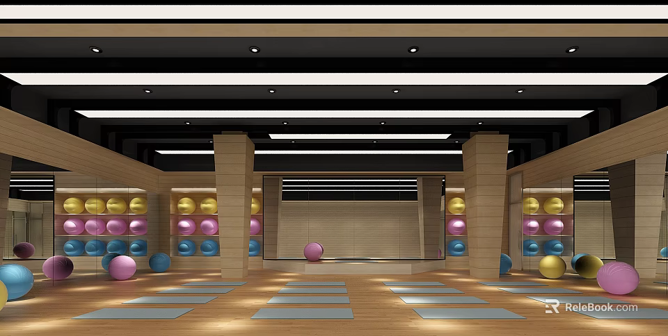 Spacious Modern Fitness Studio With Yoga Mats And Colorful Exercise Balls 3d model 