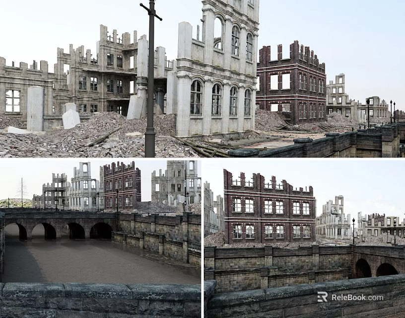 Ruined Architectural Components With Arches Windows Stone Walls And Structures 3d model 