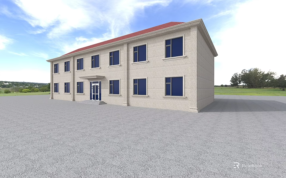 Two Story Office Building With Red Roof Beige Exterior Blue Windows And Spacious Gray Pavement 3d model 