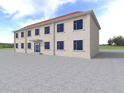 Two Story Office Building With Red Roof Beige Exterior Blue Windows And Spacious Gray Pavement 3d model