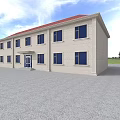 Two Story Office Building With Red Roof Beige Exterior Blue Windows And Spacious Gray Pavement