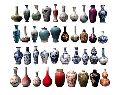 Traditional Ceramic Vessels Collection With Diverse Shapes And Colorful Patterns 3d model