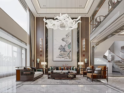 Duplex Living Room Interior With High Ceiling Chandelier Landscape Painting And Sofas 3d model