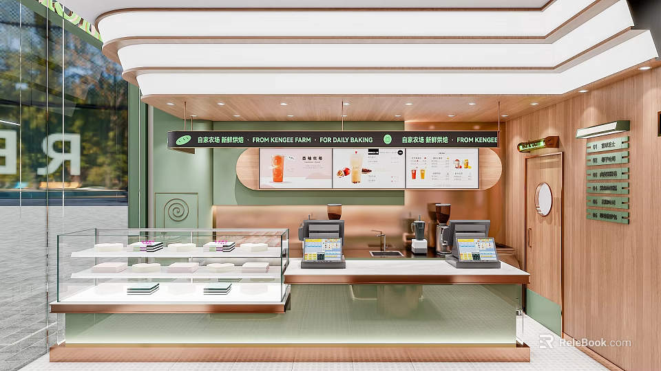 Sweet Dessert Shop Interior With Green Walls Wooden Accents And Glass Display Cases 3d model 