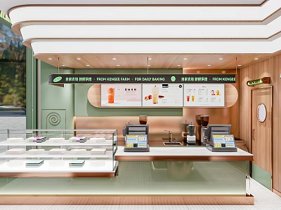 Sweet Dessert Shop Interior With Green Walls Wooden Accents And Glass Display Cases 3d model