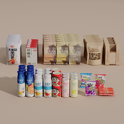 Assorted Packaged Beverages Display On Beige Background 3d model Assorted Packaged Beverages Display On Beige Background 3d model