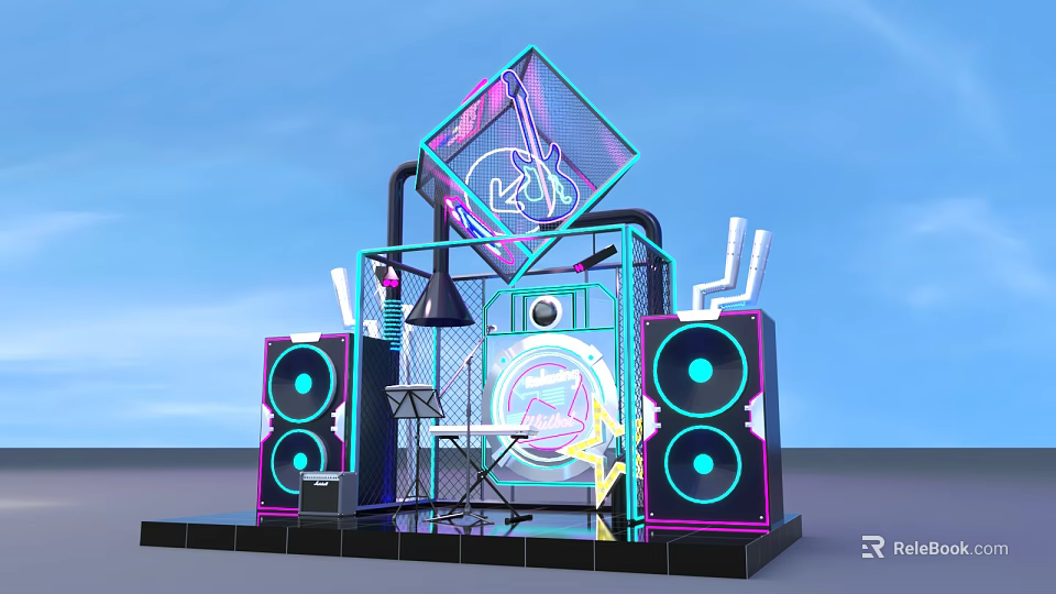 Modern Tech Style Stage Setup With Neon Lights Large Speakers Diamond Sign And Microphone Stand 3d model 