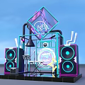Modern Tech Style Stage Setup With Neon Lights Large Speakers Diamond Sign And Microphone Stand