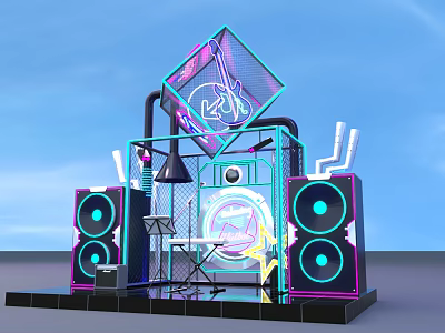 Modern Tech Style Stage Setup With Neon Lights Large Speakers Diamond Sign And Microphone Stand 3d model