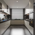 Modern Kitchen Interior Design With White Black Cabinets Appliances Countertops And Blinds