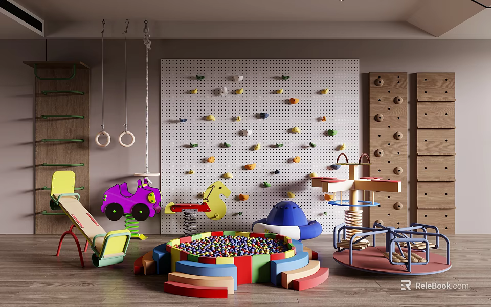 Kids Stuffed Toys Play Area With Colorful Climbing Wall And Purple Toy Car 3d model 