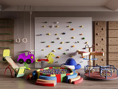 Kids Stuffed Toys Play Area With Colorful Climbing Wall And Purple Toy Car 3d model