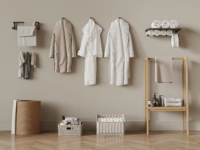 Modern Bathroom Cabinet Rack with Hanging Robes Towels and Storage Baskets 3d model