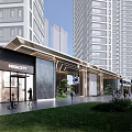 Modern Building Entrance Facade With Tall Buildings Open Plaza Glass Curtain And Green Plants