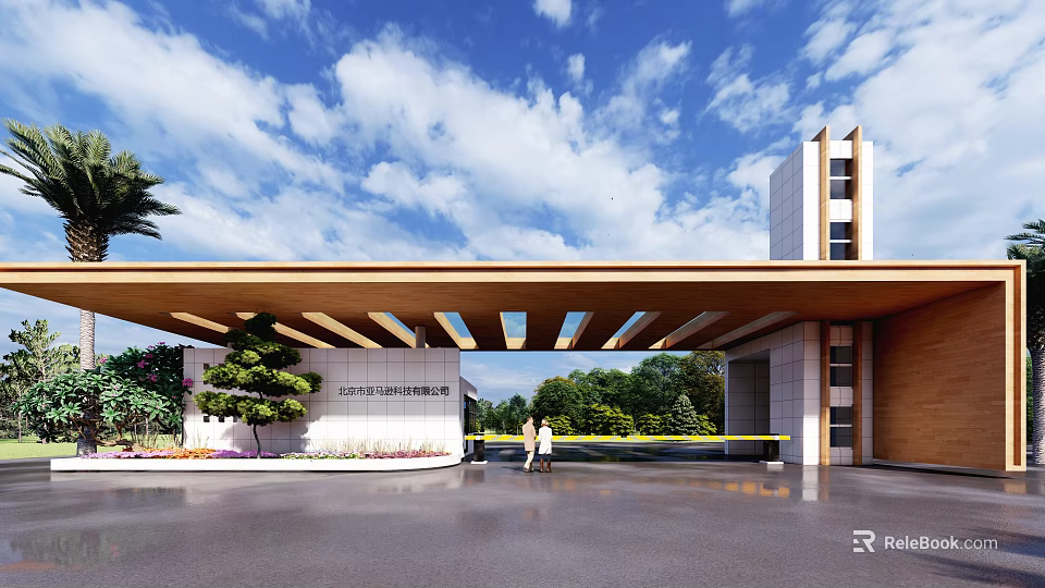 Modern Entrance Gate With Wooden Canopy White Wall And Green Plants Under Blue Sky 3d model 