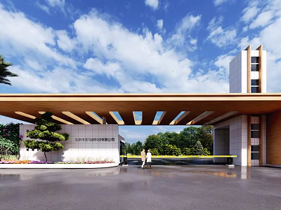 Modern Entrance Gate With Wooden Canopy White Wall And Green Plants Under Blue Sky 3d model