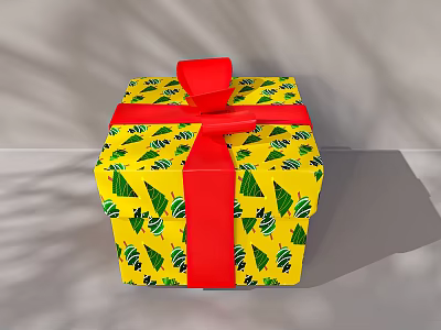 Toy Gift Shop Festive Yellow Gift Box With Green Christmas Tree Patterns And Red Bow 3d model