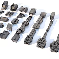 Industrial Equipment Parts With Various Shapes Mechanical Components Gears Dark Colored On White Background