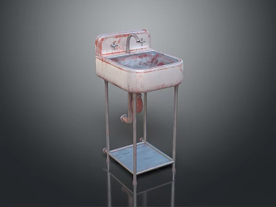 Vintage Rusted Sink With Metal Stand And Retro Design Features 3d model