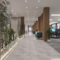 Modern Office Corridor Interior Design With Wooden Columns Marble Floor Recessed Lighting And Green Plants