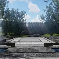 Natural Scenic Feature Wall Surrounded By Lush Trees Stones And Small Pond